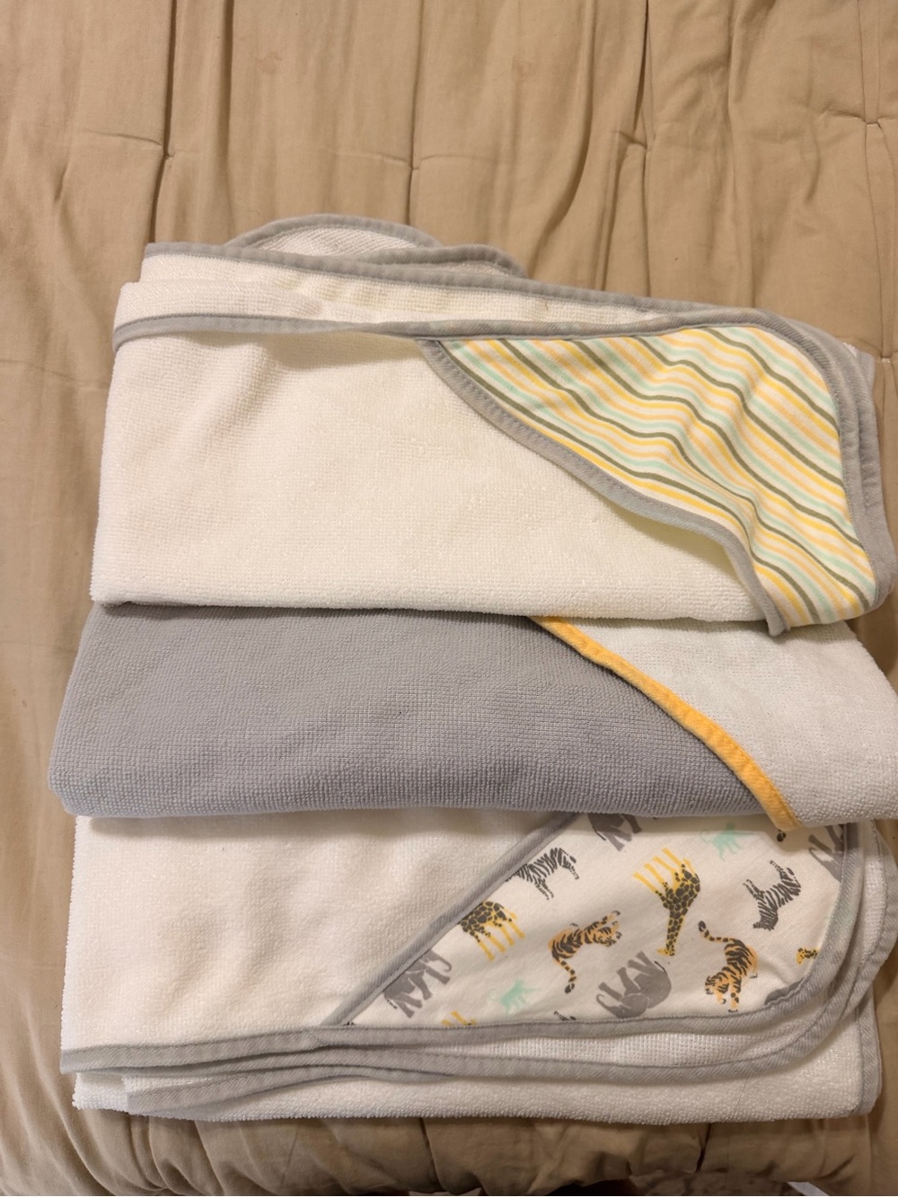 Soft Baby Hooded Towels - Gray, White & Yellow Stripes